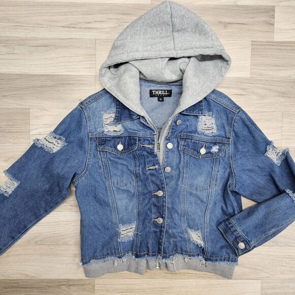 THRILL JEANS Womens Blue Gray Layered Distressed Denim Jean Jacket Medium - Picture 1 of 14